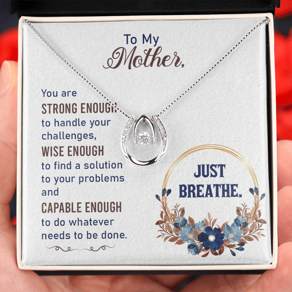 To my Mother Just Breathe Lucky Horseshoe Necklace Message Card 14k w CZ Crystals-Express Your Love Gifts