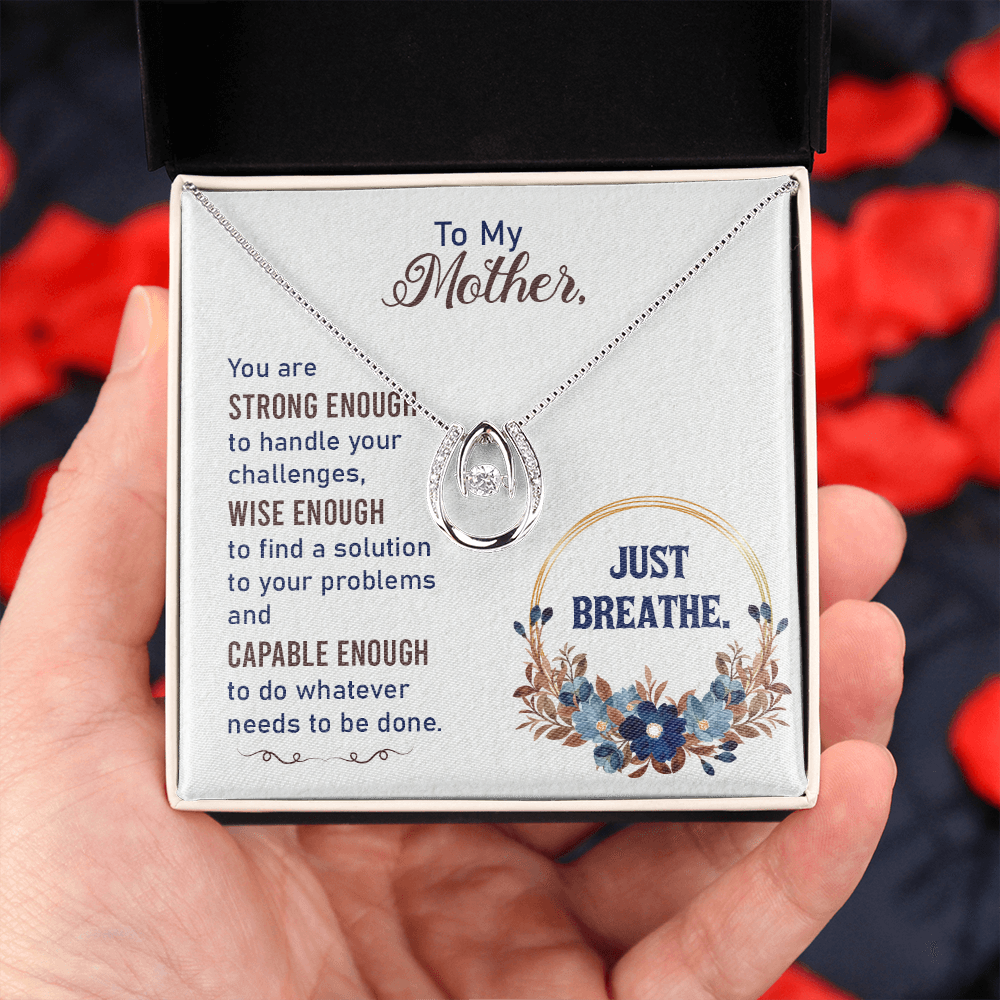 To my Mother Just Breathe Lucky Horseshoe Necklace Message Card 14k w CZ Crystals-Express Your Love Gifts