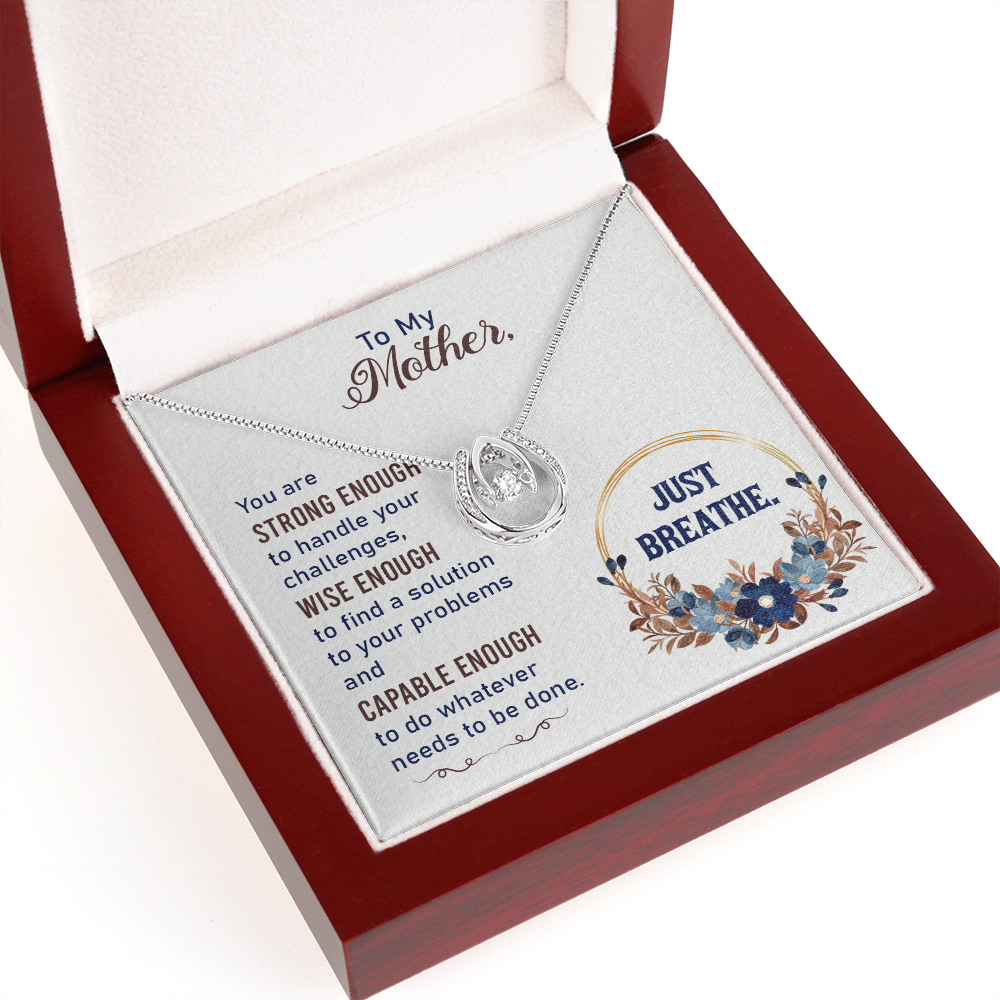 To my Mother Just Breathe Lucky Horseshoe Necklace Message Card 14k w CZ Crystals-Express Your Love Gifts