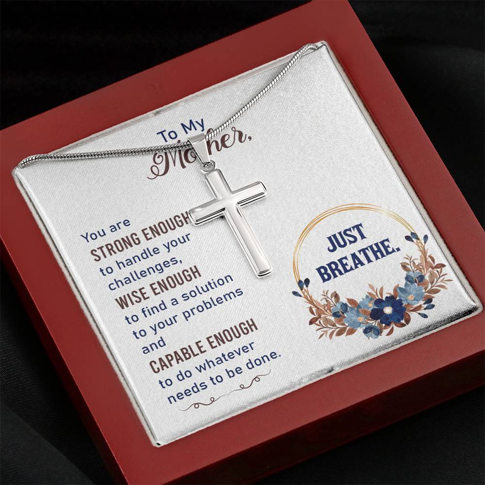 To My Mother You Are Strng Enough Cross Card Necklace w Stainless Steel Pendant-Express Your Love Gifts