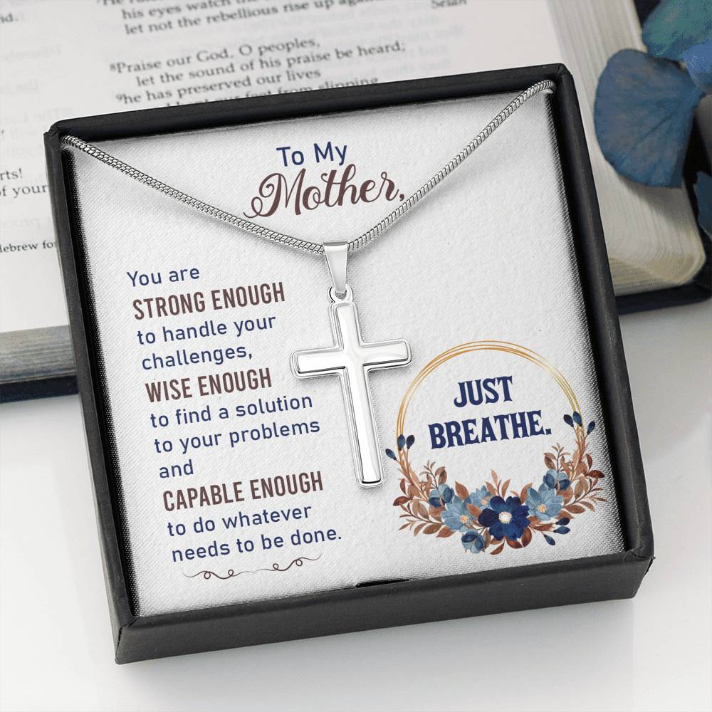 To My Mother You Are Strng Enough Cross Card Necklace w Stainless Steel Pendant-Express Your Love Gifts