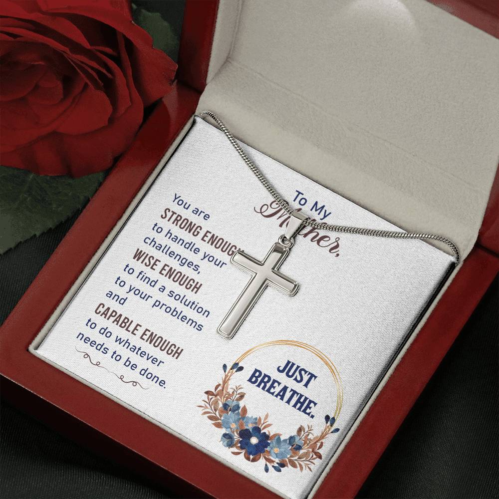 To My Mother You Are Strng Enough Cross Card Necklace w Stainless Steel Pendant-Express Your Love Gifts