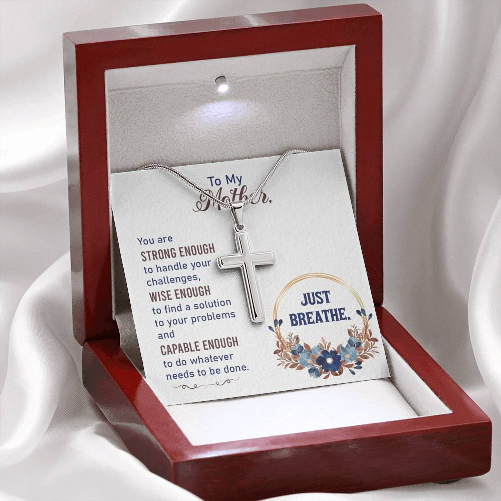 To My Mother You Are Strng Enough Cross Card Necklace w Stainless Steel Pendant-Express Your Love Gifts