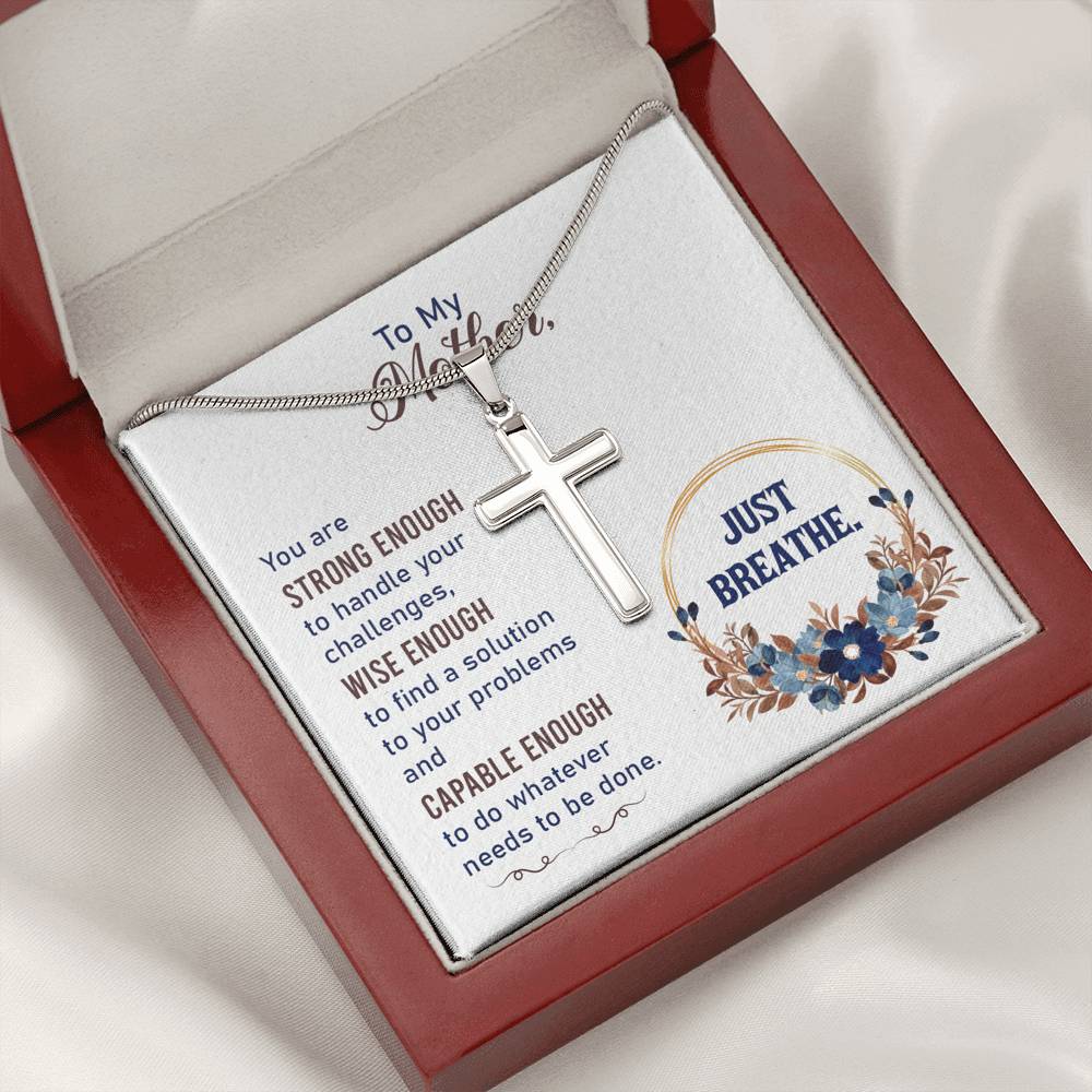 To My Mother You Are Strng Enough Cross Card Necklace w Stainless Steel Pendant-Express Your Love Gifts