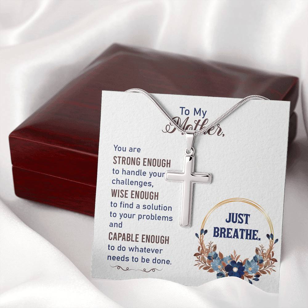 To My Mother You Are Strng Enough Cross Card Necklace w Stainless Steel Pendant-Express Your Love Gifts