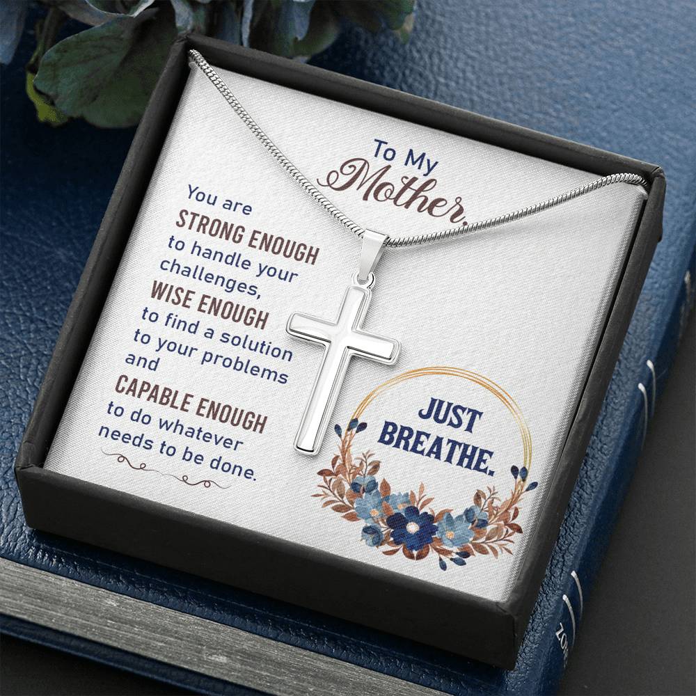 To My Mother You Are Strng Enough Cross Card Necklace w Stainless Steel Pendant-Express Your Love Gifts