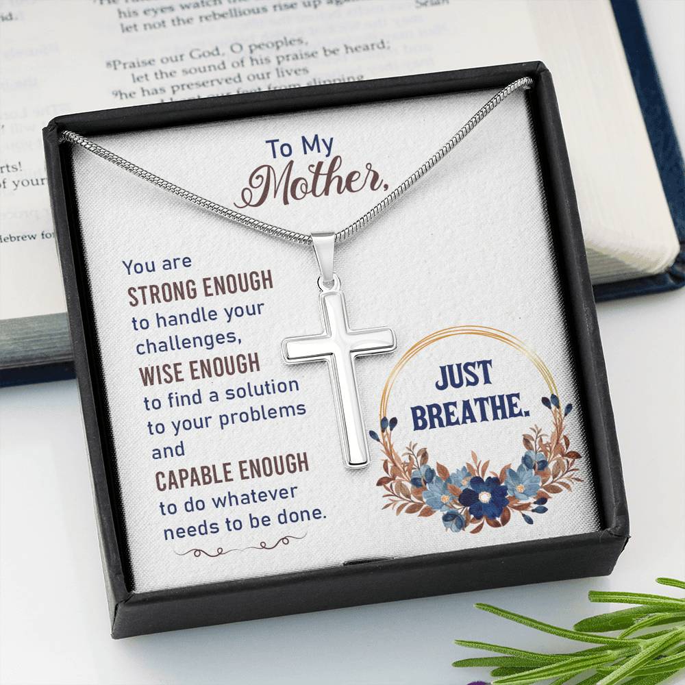 To My Mother You Are Strng Enough Cross Card Necklace w Stainless Steel Pendant-Express Your Love Gifts