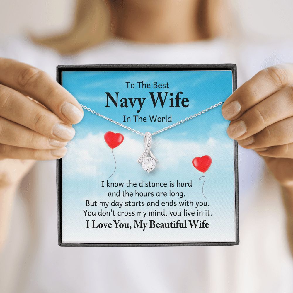 To My Navy Wife I Know the Distance is Hard Alluring Ribbon Necklace Message Card-Express Your Love Gifts