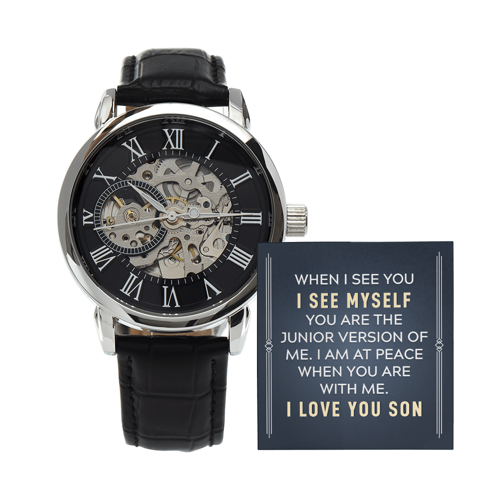 To My Son When I See You Men&#39;s Openwork Watch With Message Card in Mahogany Box-Express Your Love Gifts