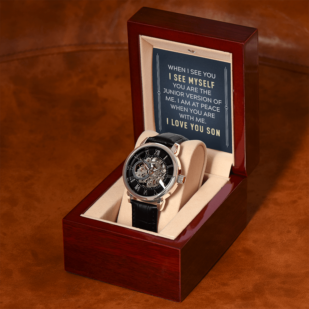 To My Son When I See You Men's Openwork Watch With Message Card in Mahogany Box-Express Your Love Gifts
