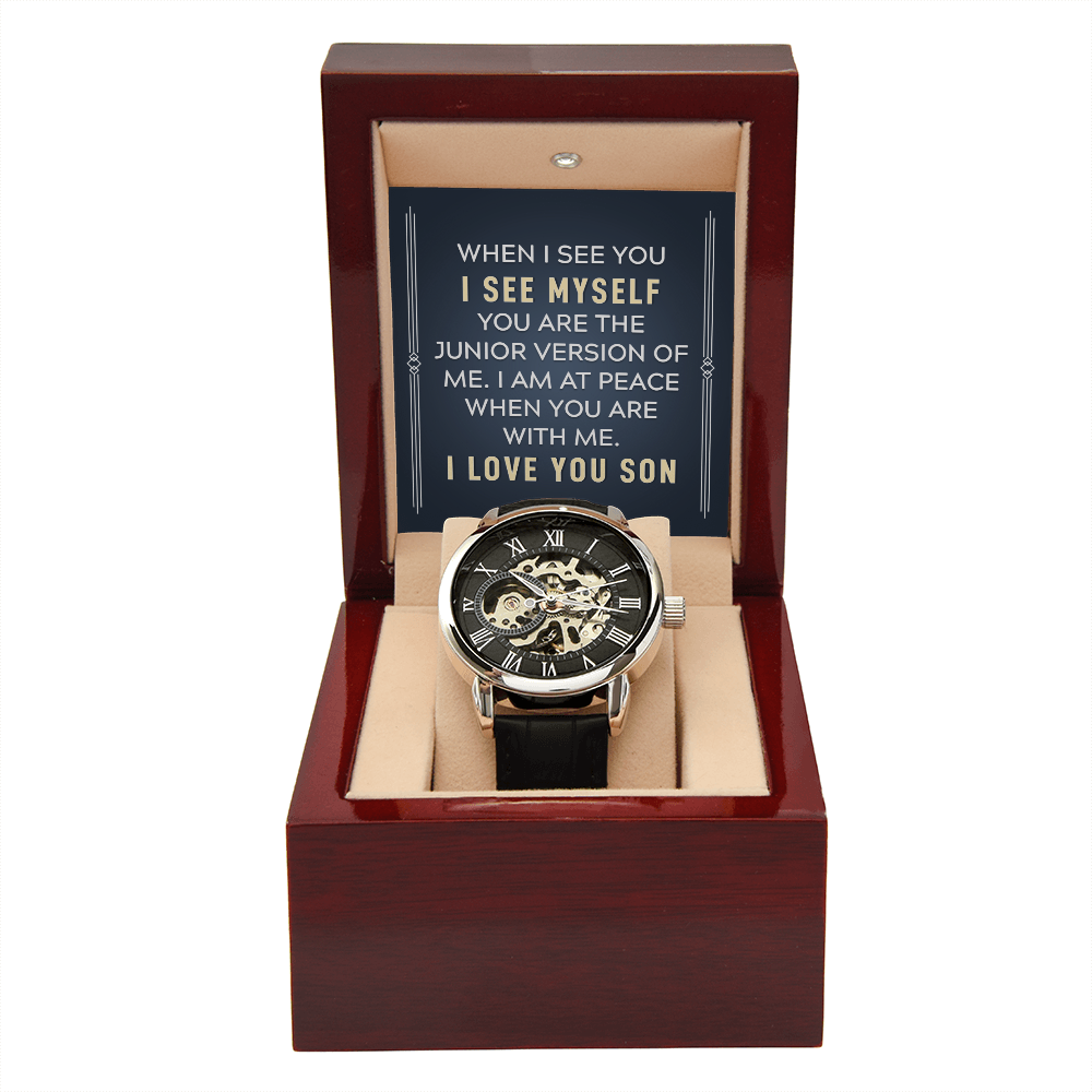 To My Son When I See You Men's Openwork Watch With Message Card in Mahogany Box-Express Your Love Gifts