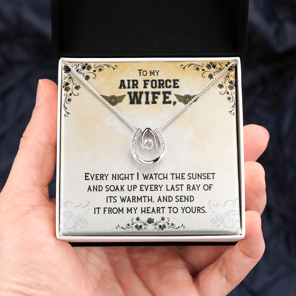 To My Wife Air Force Wife Lucky Horseshoe Necklace Message Card 14k w CZ Crystals-Express Your Love Gifts