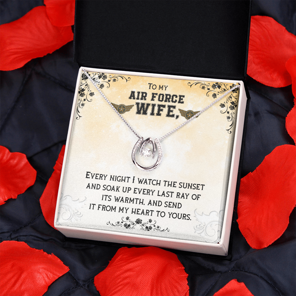 To My Wife Air Force Wife Lucky Horseshoe Necklace Message Card 14k w CZ Crystals-Express Your Love Gifts