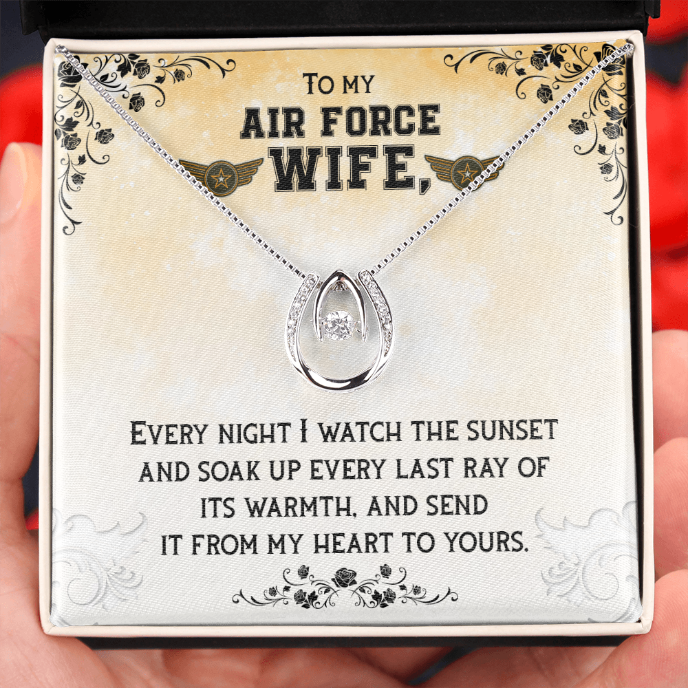 To My Wife Air Force Wife Lucky Horseshoe Necklace Message Card 14k w CZ Crystals-Express Your Love Gifts