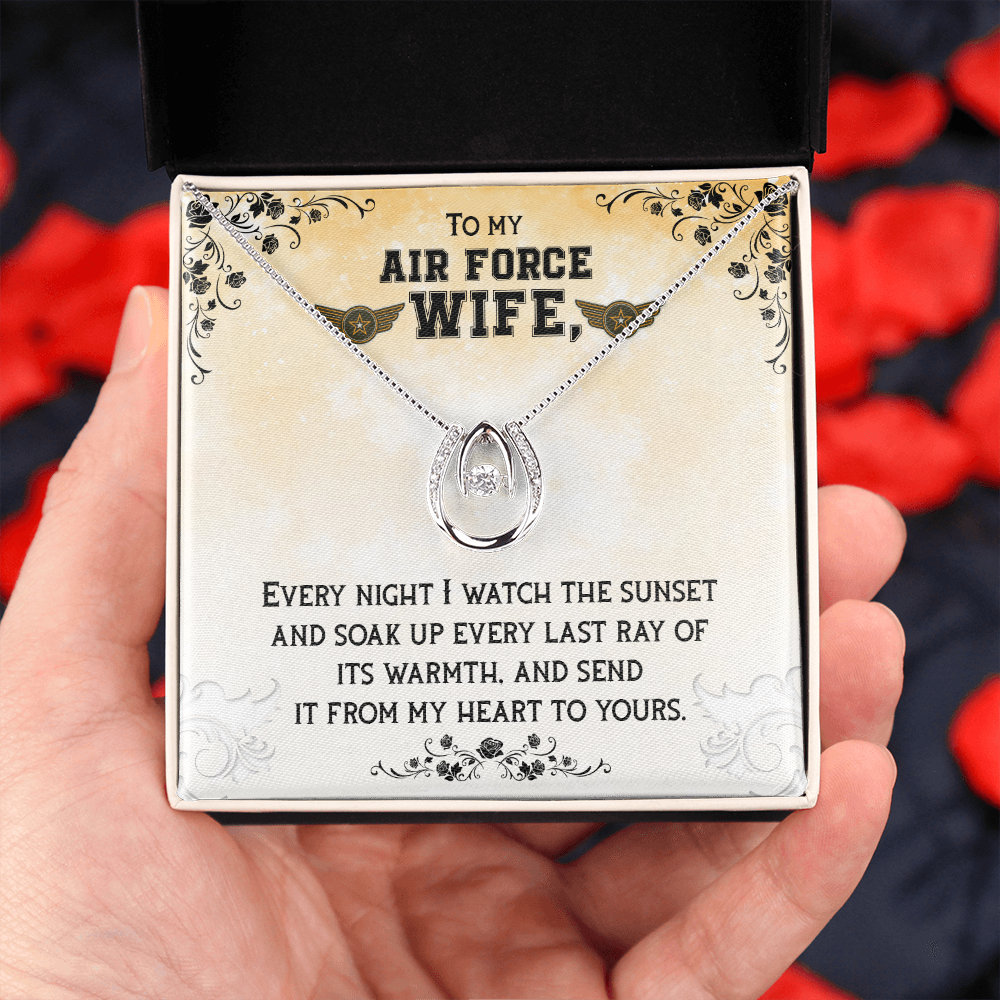 To My Wife Air Force Wife Lucky Horseshoe Necklace Message Card 14k w CZ Crystals-Express Your Love Gifts