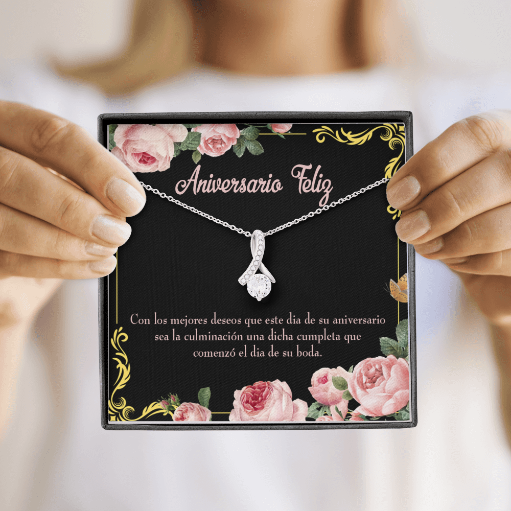 To My Wife Aniversario Feliz Alluring Ribbon Necklace Message Card-Express Your Love Gifts