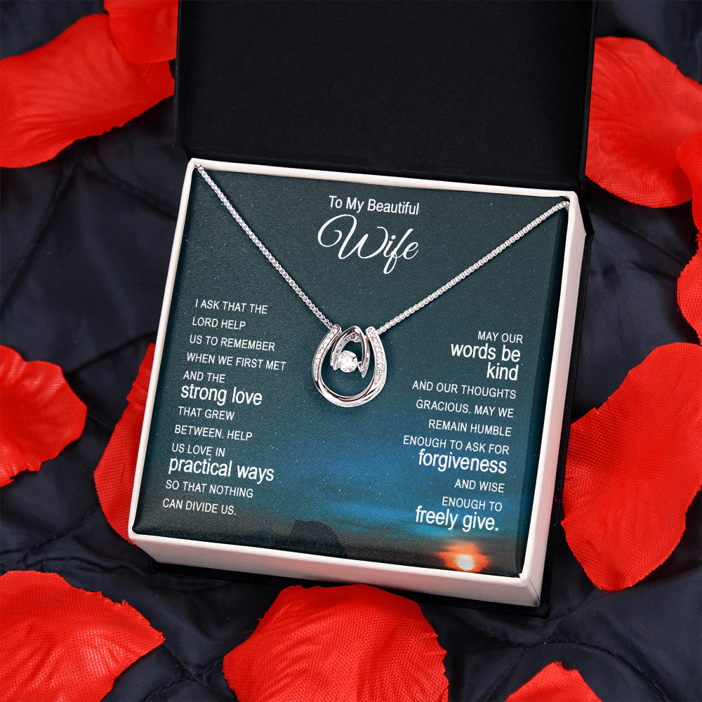 To My Wife Ask the Lord Lucky Horseshoe Necklace Message Card 14k w CZ Crystals-Express Your Love Gifts