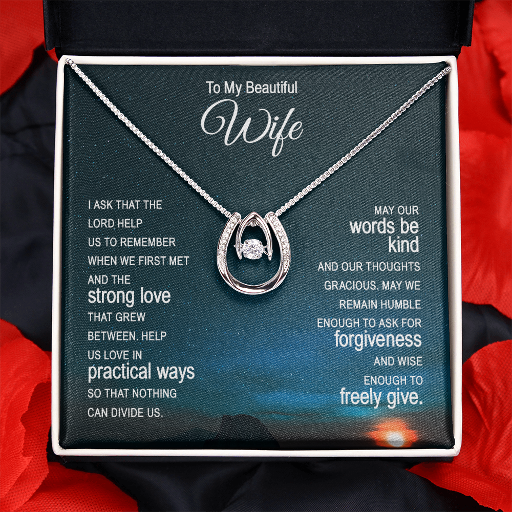 To My Wife Ask the Lord Lucky Horseshoe Necklace Message Card 14k w CZ Crystals-Express Your Love Gifts