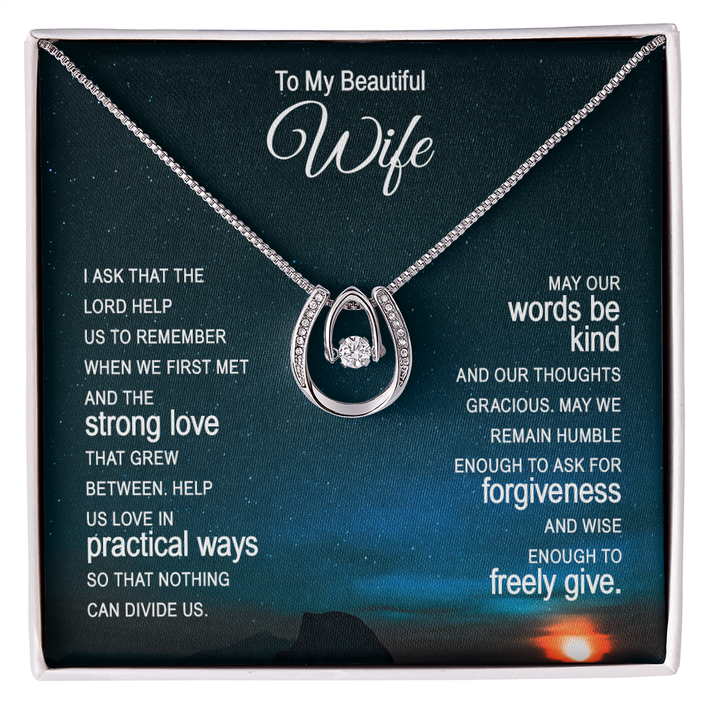 To My Wife Ask the Lord Lucky Horseshoe Necklace Message Card 14k w CZ Crystals-Express Your Love Gifts