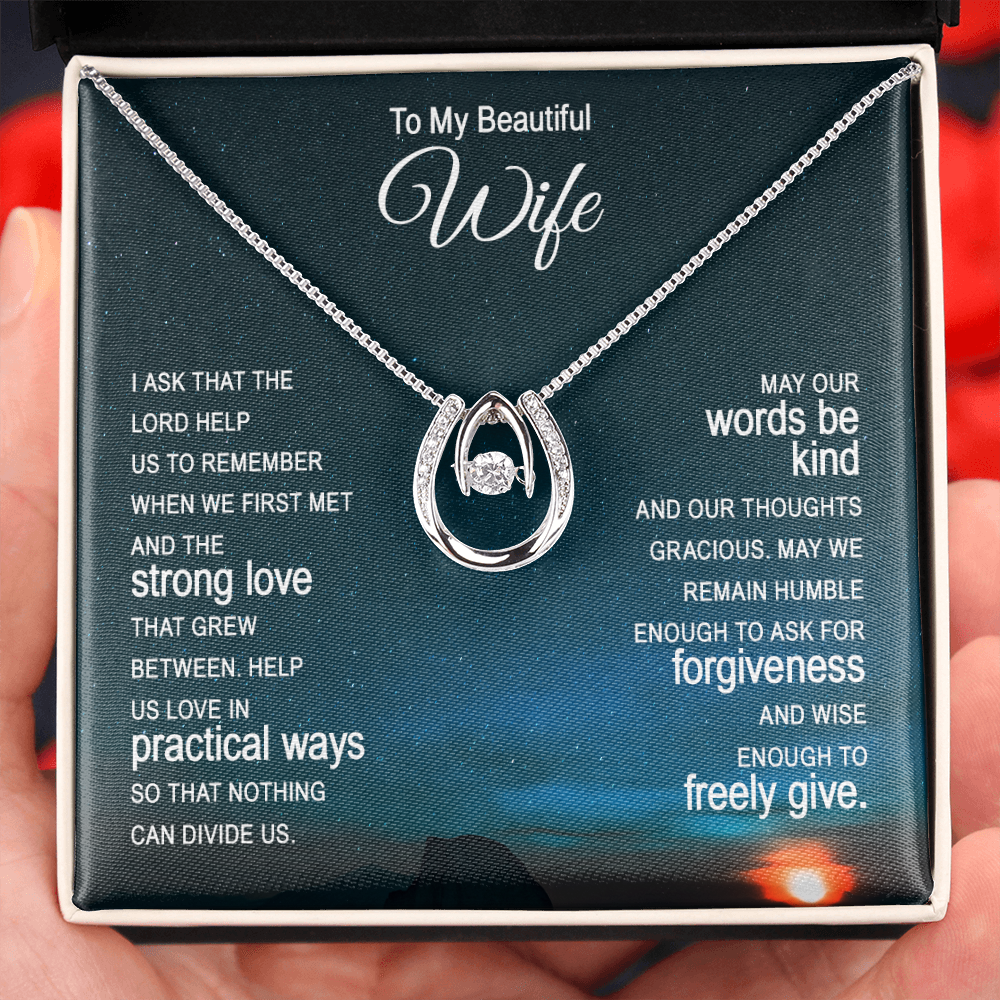 To My Wife Ask the Lord Lucky Horseshoe Necklace Message Card 14k w CZ Crystals-Express Your Love Gifts