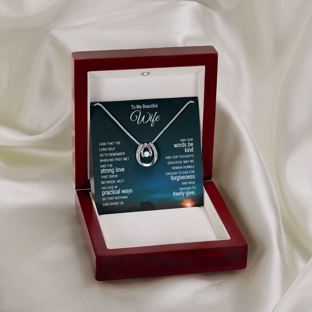 To My Wife Ask the Lord Lucky Horseshoe Necklace Message Card 14k w CZ Crystals-Express Your Love Gifts