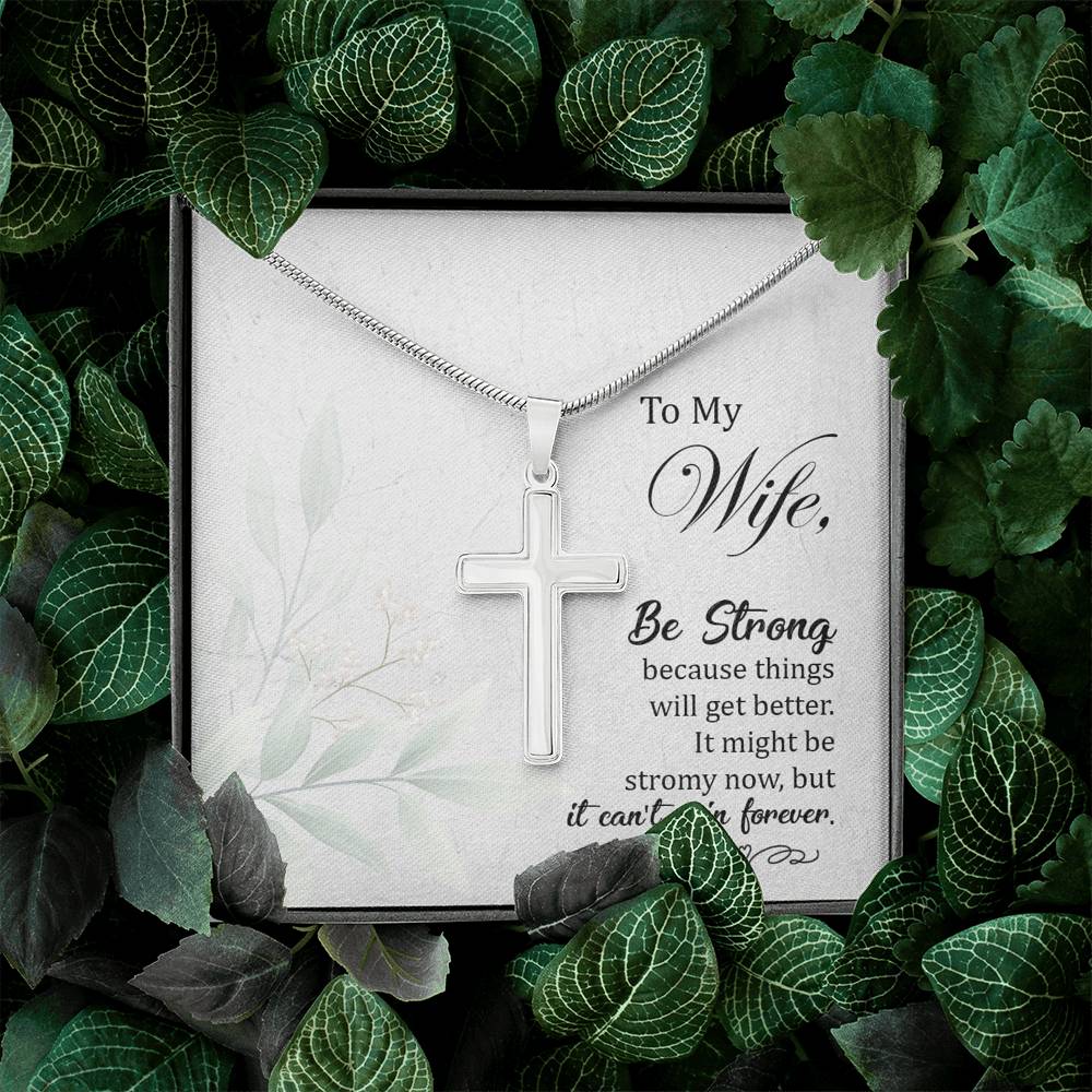 To My Wife Be Strong Cross Card Necklace w Stainless Steel Pendant-Express Your Love Gifts