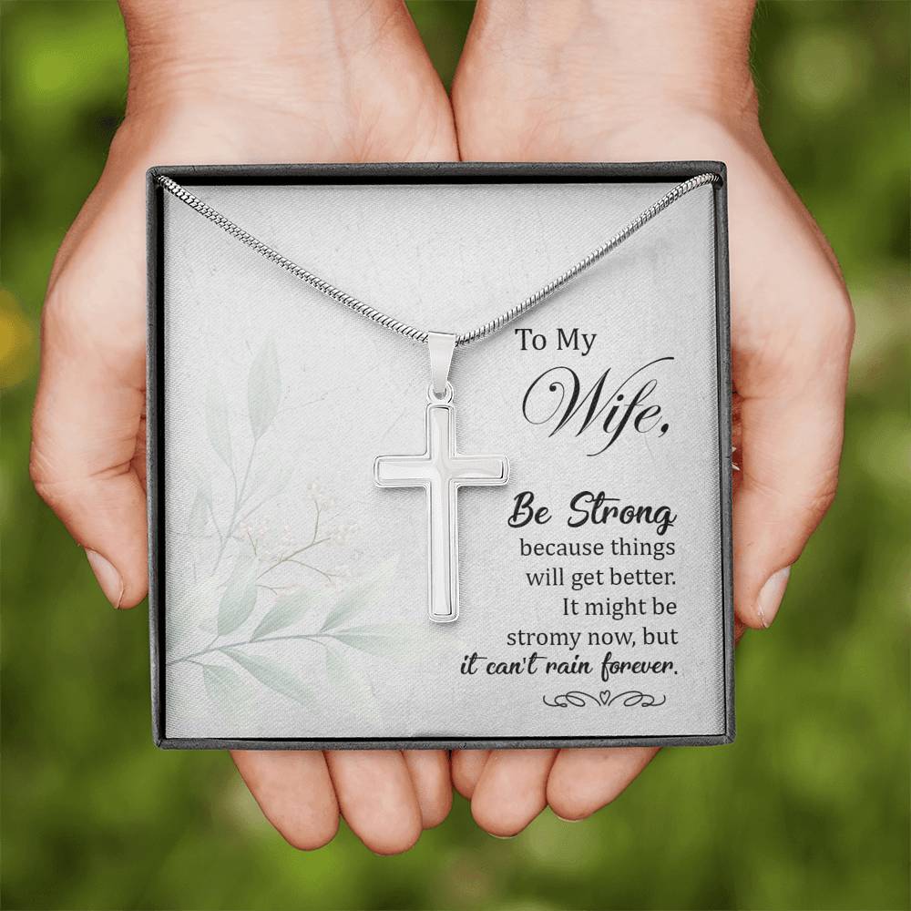 To My Wife Be Strong Cross Card Necklace w Stainless Steel Pendant-Express Your Love Gifts
