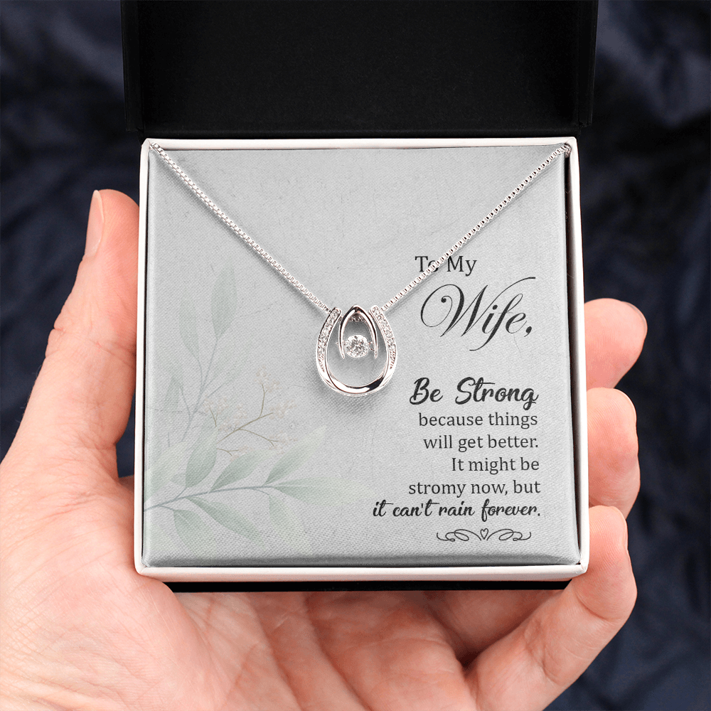 To My Wife Be strong Lucky Horseshoe Necklace Message Card 14k w CZ Crystals-Express Your Love Gifts