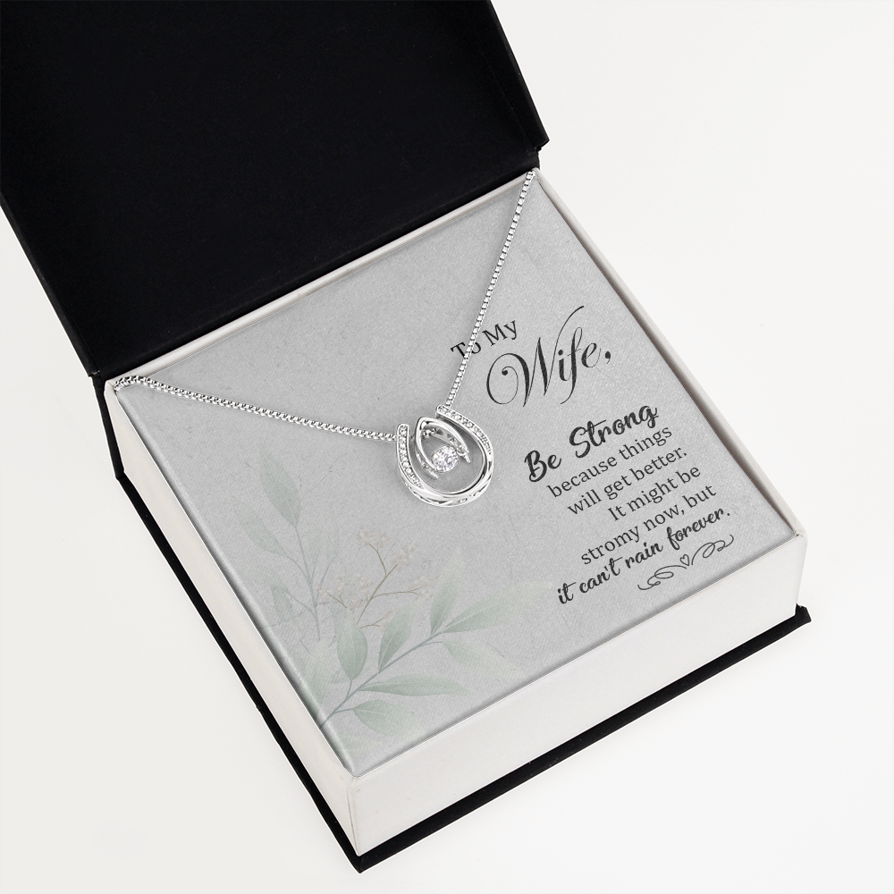 To My Wife Be strong Lucky Horseshoe Necklace Message Card 14k w CZ Crystals-Express Your Love Gifts