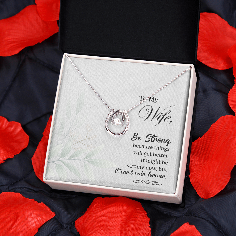 To My Wife Be strong Lucky Horseshoe Necklace Message Card 14k w CZ Crystals-Express Your Love Gifts