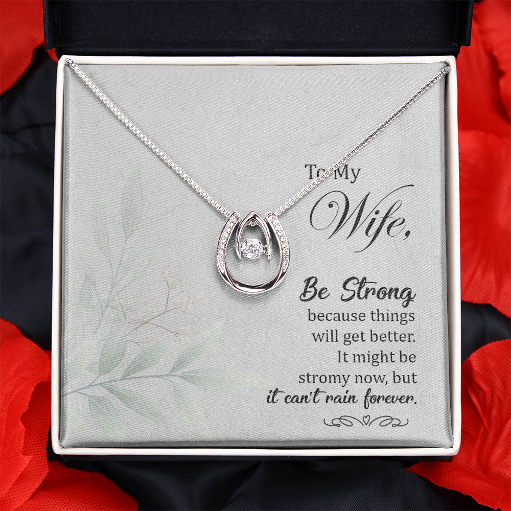 To My Wife Be strong Lucky Horseshoe Necklace Message Card 14k w CZ Crystals-Express Your Love Gifts