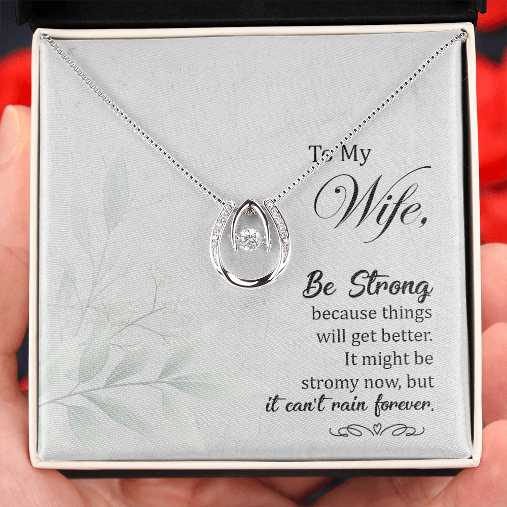 To My Wife Be strong Lucky Horseshoe Necklace Message Card 14k w CZ Crystals-Express Your Love Gifts