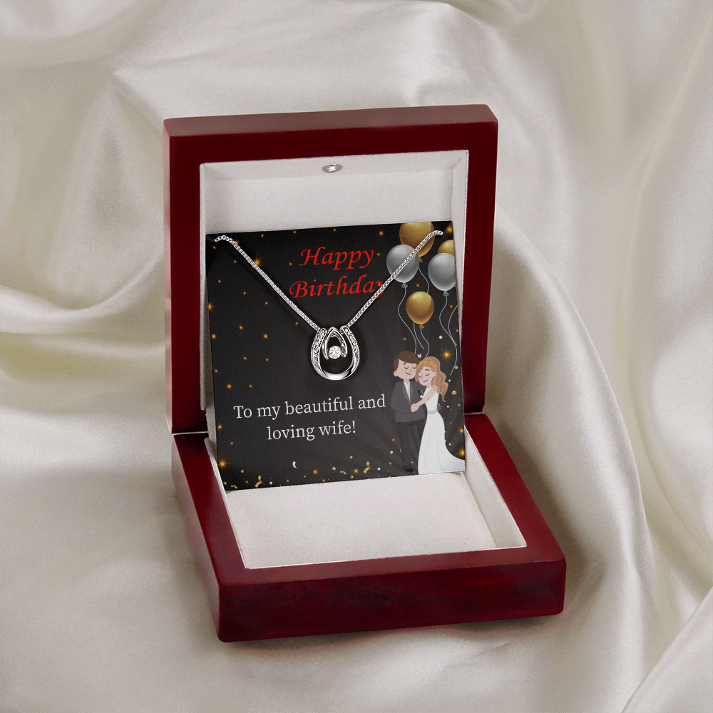 To My Wife Birthday Beautiful and Loving Wife Lucky Horseshoe Necklace Message Card 14k w CZ Crystals-Express Your Love Gifts