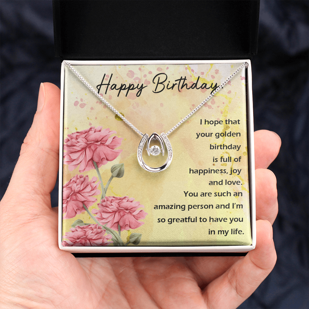 To My Wife Birthday Full of Happiness Lucky Horseshoe Necklace Message Card 14k w CZ Crystals-Express Your Love Gifts