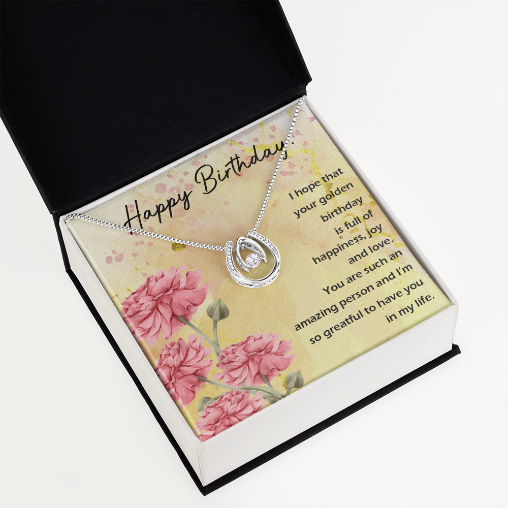 To My Wife Birthday Full of Happiness Lucky Horseshoe Necklace Message Card 14k w CZ Crystals-Express Your Love Gifts