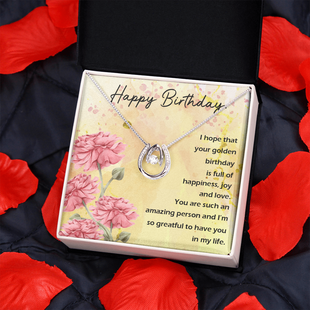 To My Wife Birthday Full of Happiness Lucky Horseshoe Necklace Message Card 14k w CZ Crystals-Express Your Love Gifts