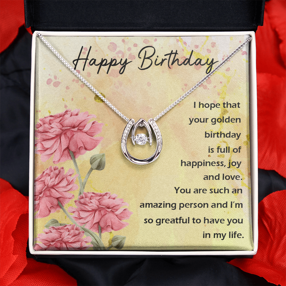 To My Wife Birthday Full of Happiness Lucky Horseshoe Necklace Message Card 14k w CZ Crystals-Express Your Love Gifts