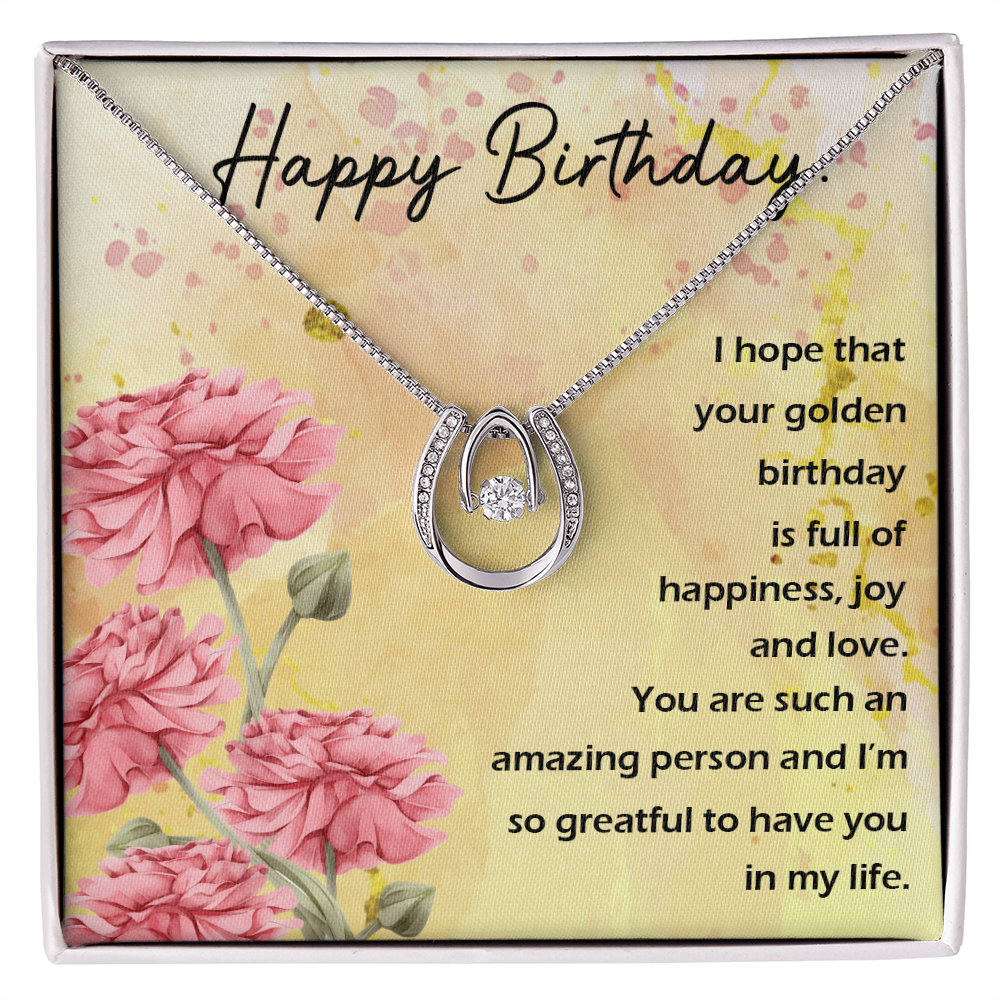 To My Wife Birthday Full of Happiness Lucky Horseshoe Necklace Message Card 14k w CZ Crystals-Express Your Love Gifts