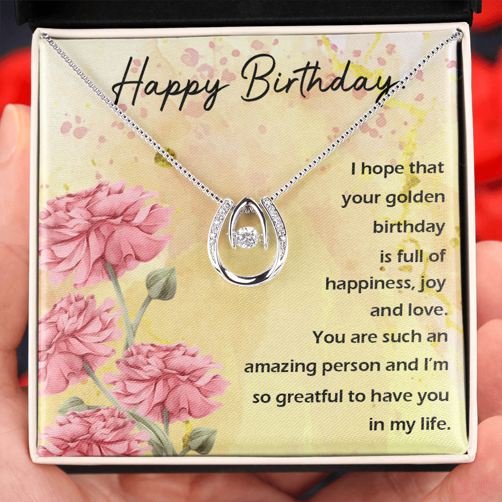 To My Wife Birthday Full of Happiness Lucky Horseshoe Necklace Message Card 14k w CZ Crystals-Express Your Love Gifts