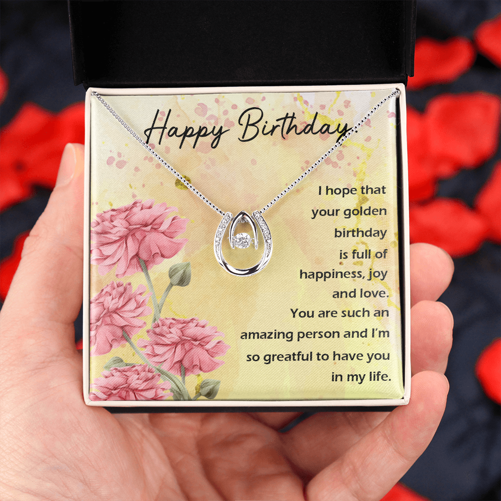 To My Wife Birthday Full of Happiness Lucky Horseshoe Necklace Message Card 14k w CZ Crystals-Express Your Love Gifts