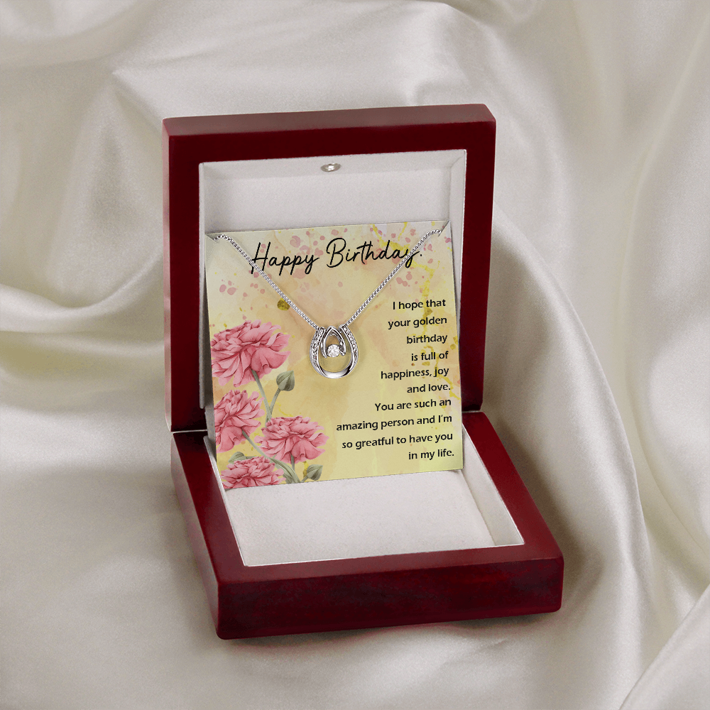 To My Wife Birthday Full of Happiness Lucky Horseshoe Necklace Message Card 14k w CZ Crystals-Express Your Love Gifts