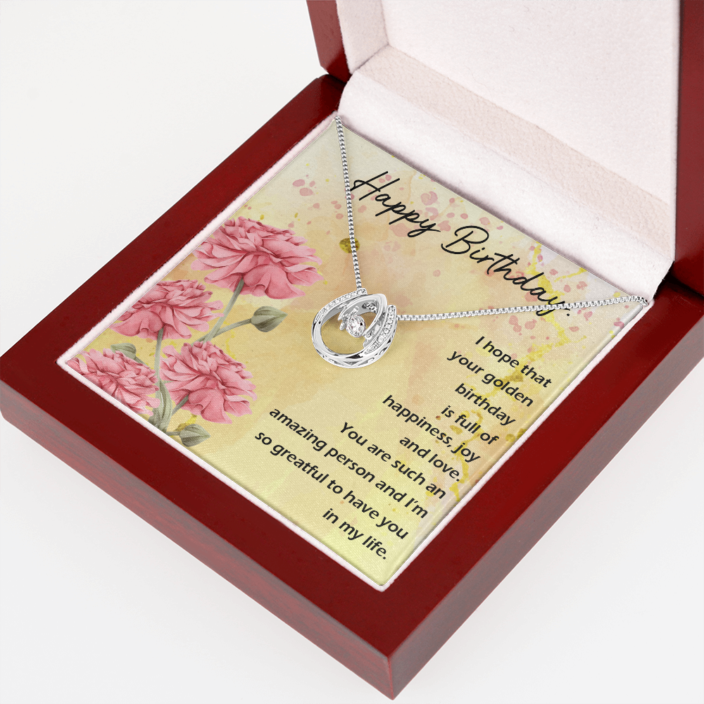 To My Wife Birthday Full of Happiness Lucky Horseshoe Necklace Message Card 14k w CZ Crystals-Express Your Love Gifts