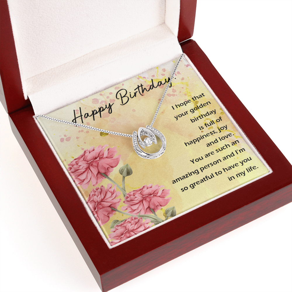 To My Wife Birthday Full of Happiness Lucky Horseshoe Necklace Message Card 14k w CZ Crystals-Express Your Love Gifts