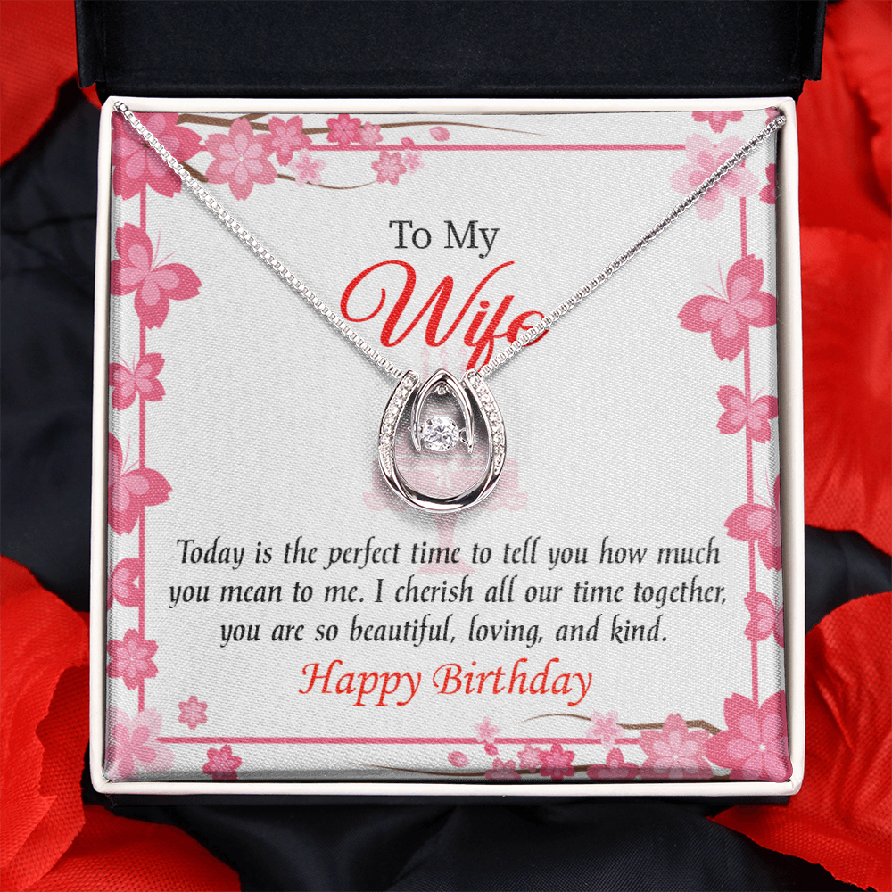 To My Wife Birthday I Cherish Lucky Horseshoe Necklace Message Card 14k w CZ Crystals-Express Your Love Gifts