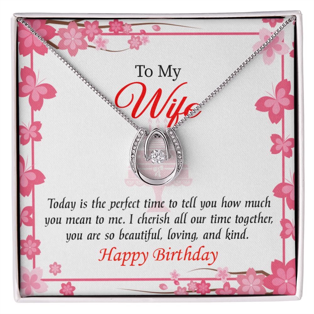 To My Wife Birthday I Cherish Lucky Horseshoe Necklace Message Card 14k w CZ Crystals-Express Your Love Gifts