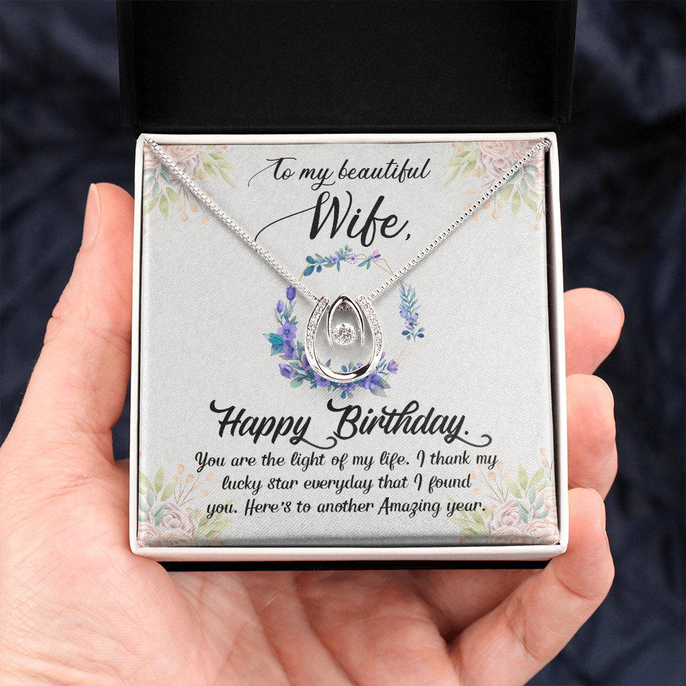 To My Wife Birthday Light of My Life Horseshoe Necklace Message Card 14k w CZ Crystals-Express Your Love Gifts