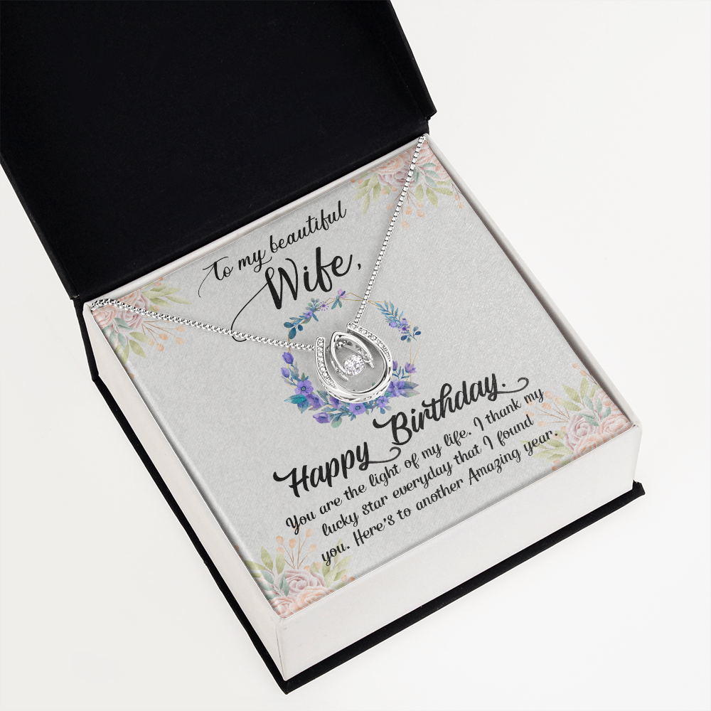 To My Wife Birthday Light of My Life Horseshoe Necklace Message Card 14k w CZ Crystals-Express Your Love Gifts