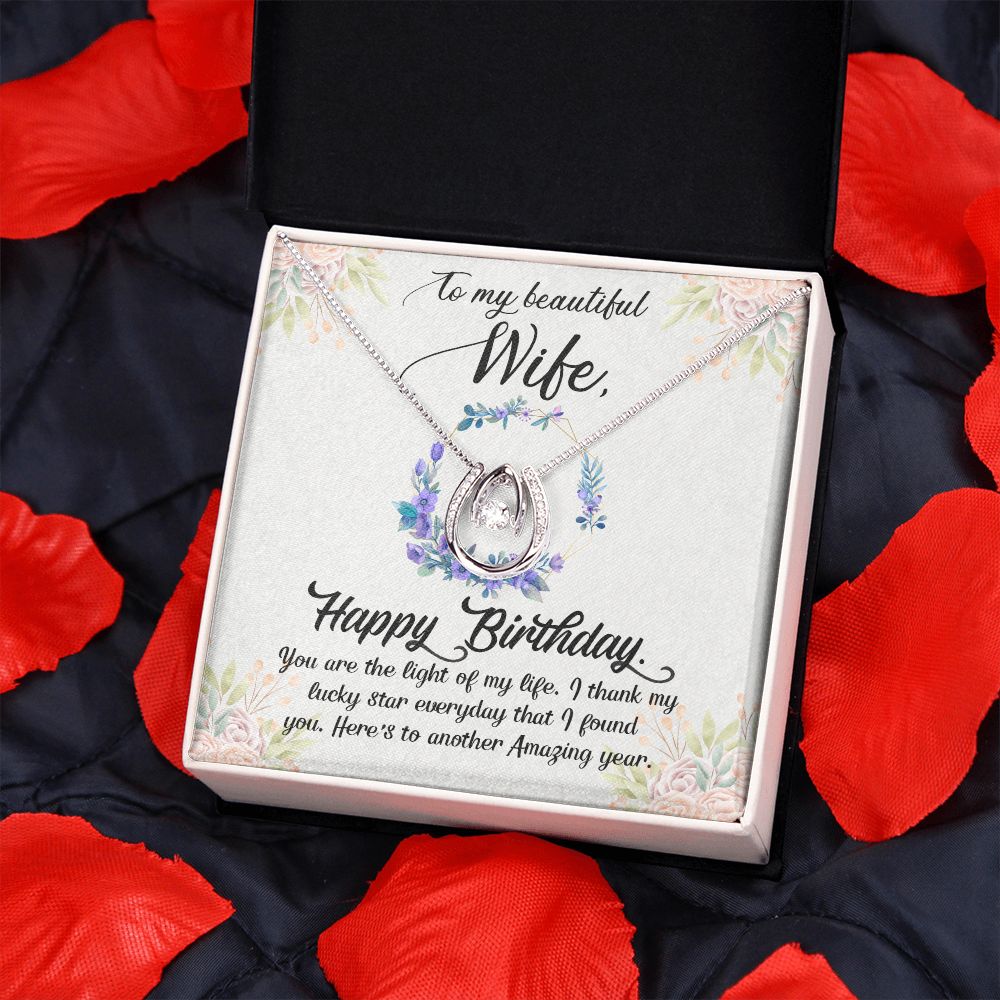 To My Wife Birthday Light of My Life Horseshoe Necklace Message Card 14k w CZ Crystals-Express Your Love Gifts