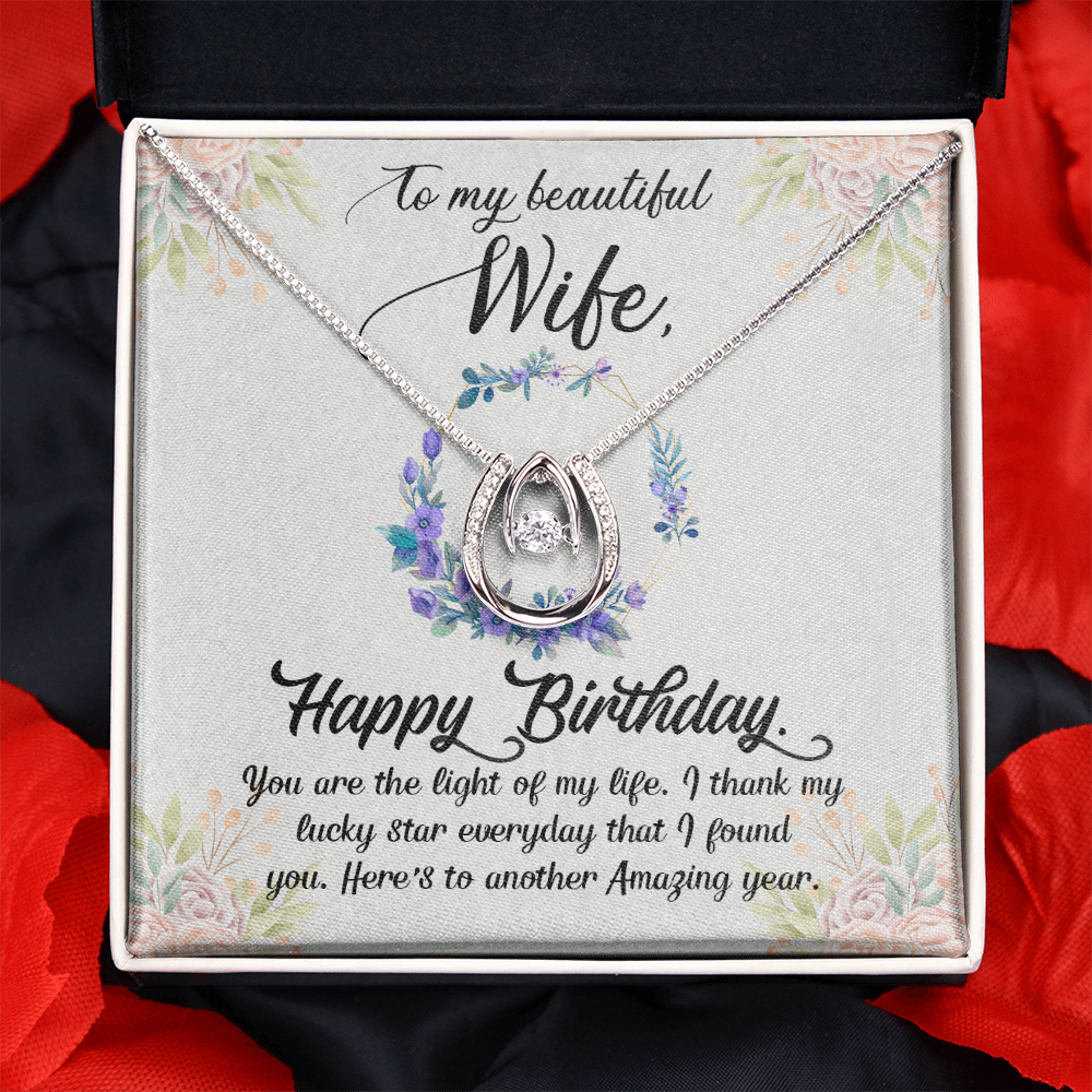 To My Wife Birthday Light of My Life Horseshoe Necklace Message Card 14k w CZ Crystals-Express Your Love Gifts