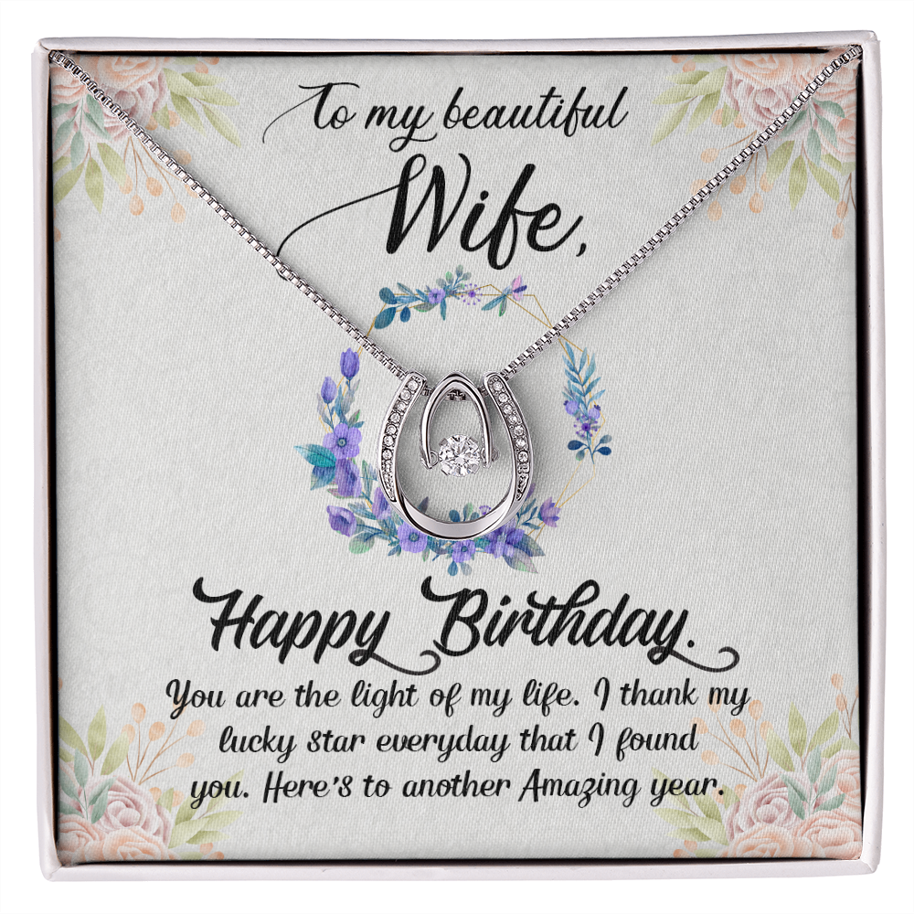 To My Wife Birthday Light of My Life Horseshoe Necklace Message Card 14k w CZ Crystals-Express Your Love Gifts